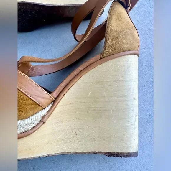 Hermes Tan Suede and Leather Wooden Wedge Ibiza Sandals size 38 - Picture 5 of 15